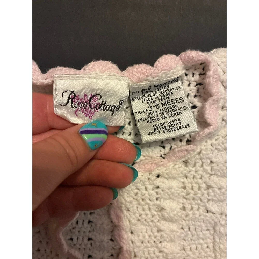 Rose Cottage Baby Girls Crochet Cardigan Sweater Ivory Pink 3-6 Months Vintage